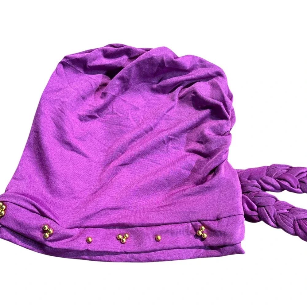 Purple Braided Turban Head Wrap Gold Beaded Stud Accents Polyester Jersey Beanie